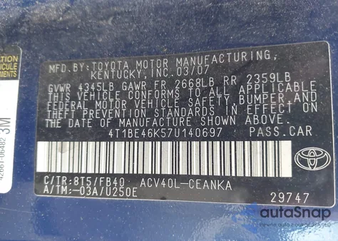 2007 Toyota Camry Ce z USA, uszkodzony, nr VIN 4T1BE46K57U140697